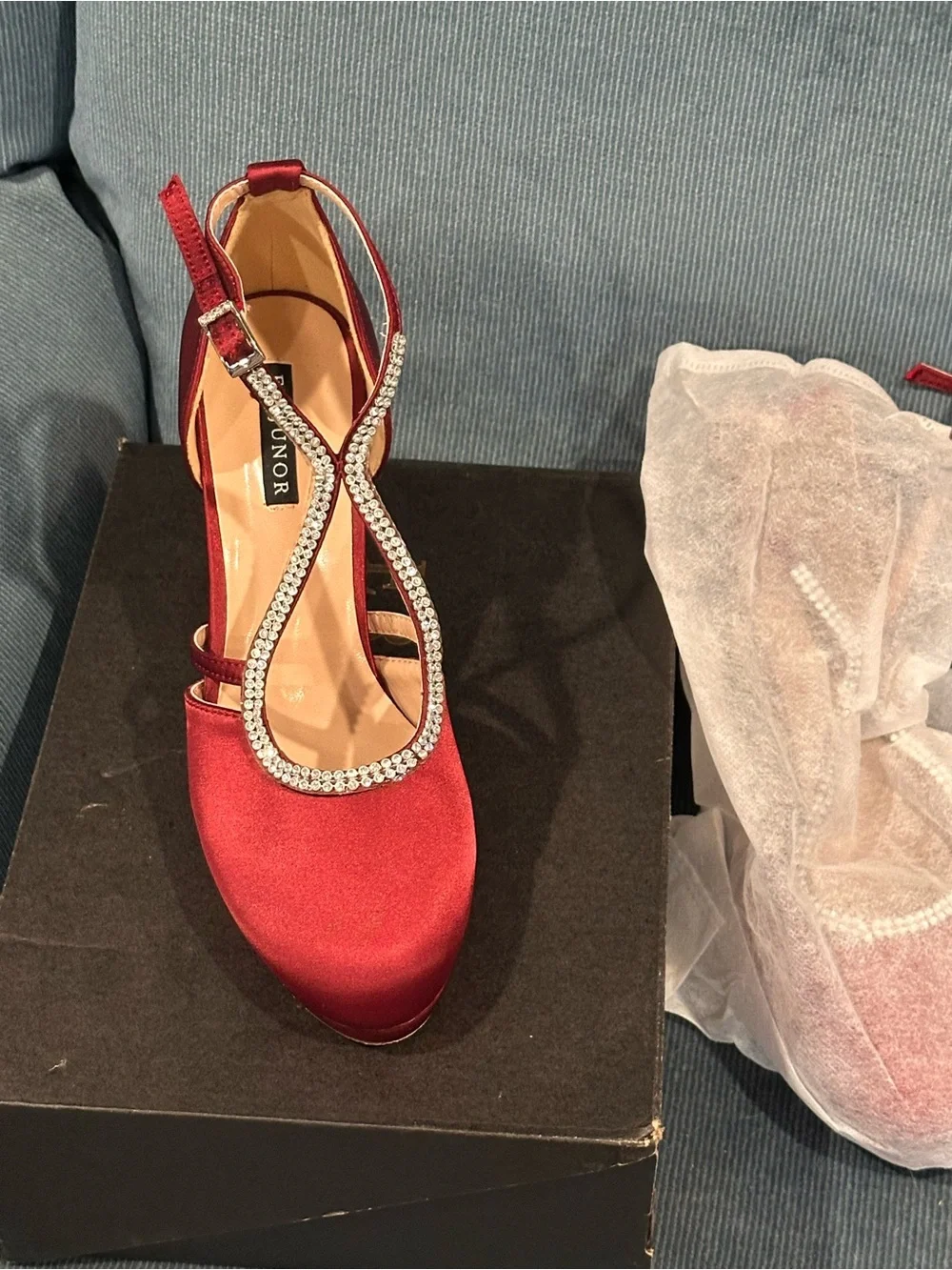 Nina Red Satin T-Strap Heels with Crystal Trim